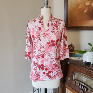 Vintage Kmart 1970s Pink Red Floral Polyester Blouse 3/4 Sleeves Medium